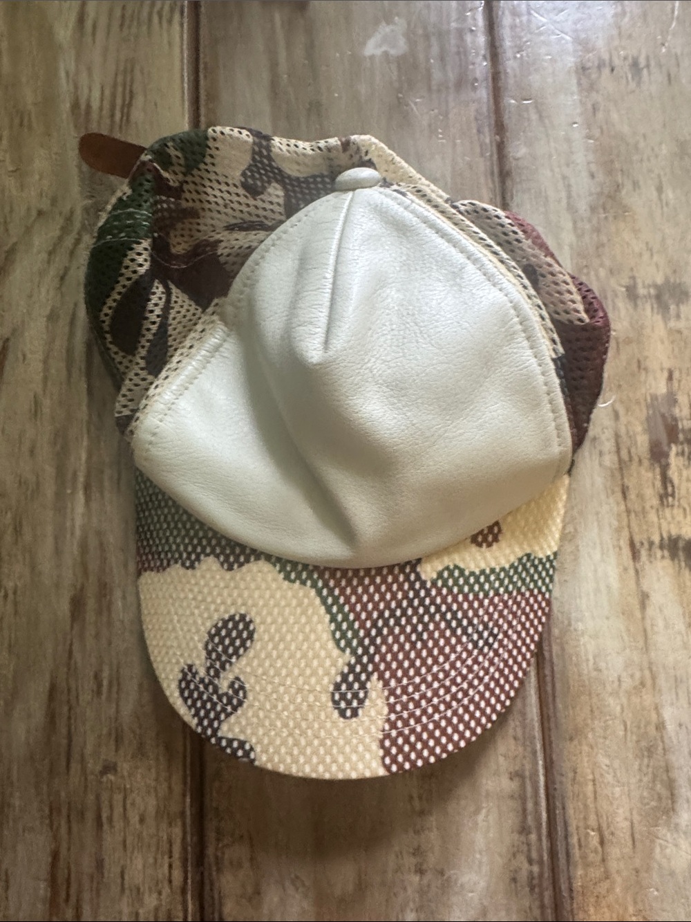 Camo Patchwork Baseball Cap with Cream Leather Crown